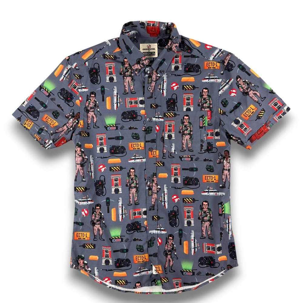 RSVLTS The Roosevelts Ghostbusters Shirt Men S Grey AOP Button Down Short Sleeve - Picture 2 of 10